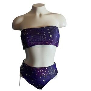 12CRAZY Womens Purple Galaxy Cat Constellation Bandeau Bikini Set Small NWT
